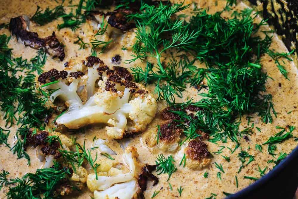 One Pot Cauliflower Soup with Roasted Cauliflower and Fresh Dill added 