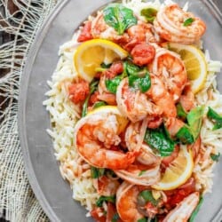 Garlic-Shrimp Orzo Recipe | The Mediterranean Dish. This easy Mediterranean shrimp recipe is the perfect weeknight meal. A few ingredients like white wine, lemon juice, garlic and tomatoes make a special flavor-packed sauce for the prawns or shrimp. Add a simple orzo or pasta of your choice and voila!