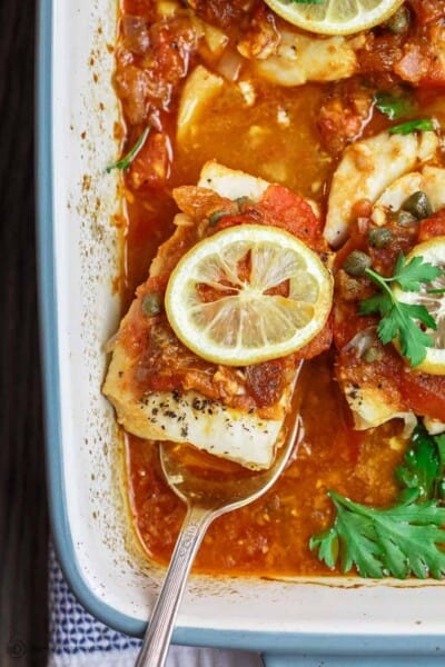 Mediterranean Baked Fish Recipe with Tomatoes and Capers (Video)