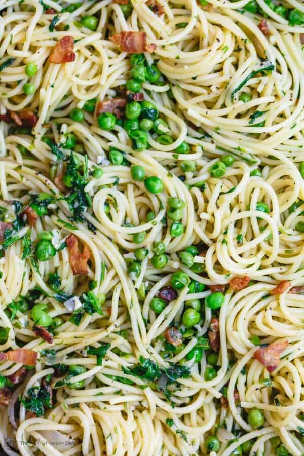 Simple Pancetta Pasta With Peas And Parmesan The Mediterranean Dish