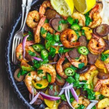 Cast-Iron Garlic Shrimp with Chorizo and Green Olives