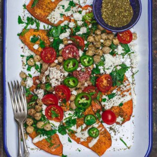 Sweet Potato Toast with za'atar spice and Mediterranean toppings