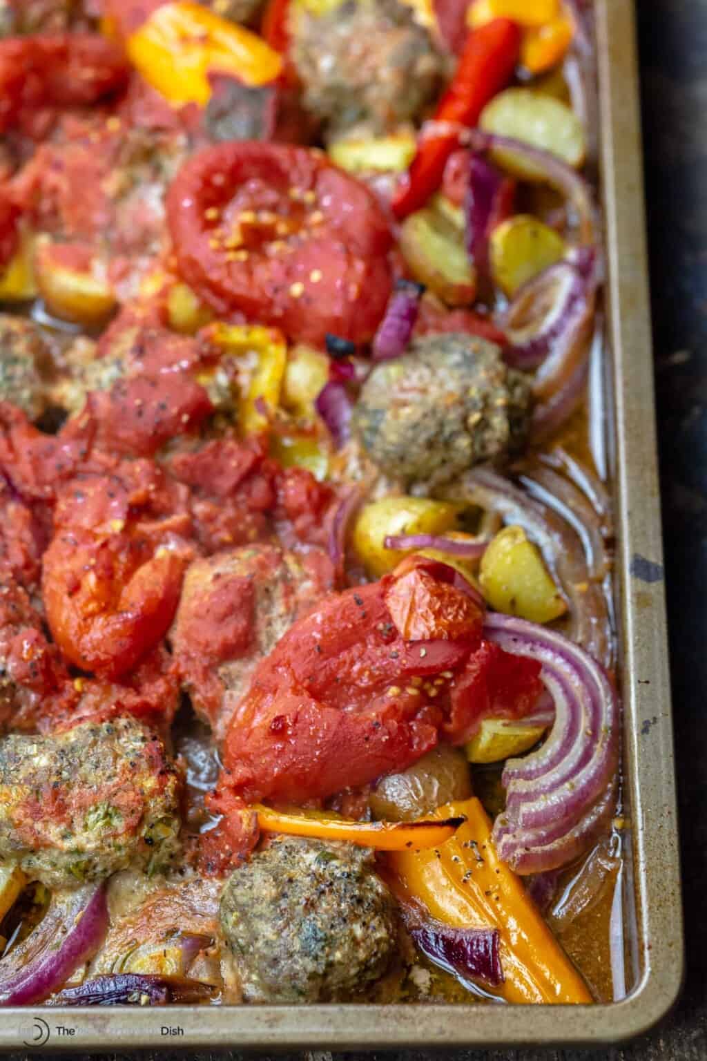 Italian Baked Meatballs And Vegetables Sheet Pan L The Mediterranean Dish