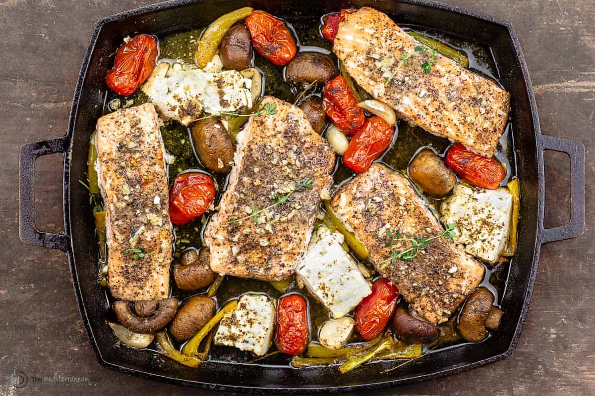 Easy Salmon Recipe With Vegetables And Feta | The Mediterranean Dish