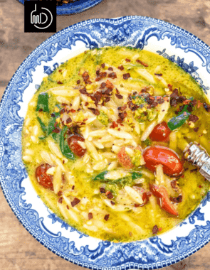 pesto lemon orzo soup web story poster image