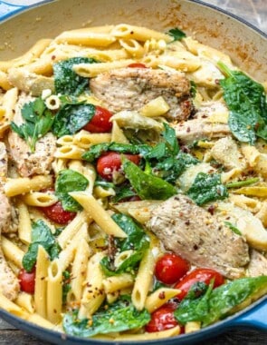 creamy chicken pasta web story poster image.