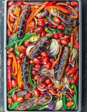 sausage and peppers in the oven web story poster image.