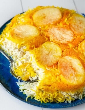 Persian Rice With Potato Tahdig web story poster image.