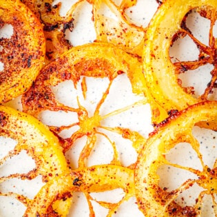 Close up of 7 fried lemon rings.