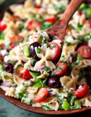 greek pasta salad web story poster image.