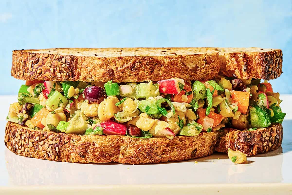 Chickpea Salad Sandwich with Fresh Veggies and Herbs