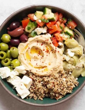 Mediterranean bowl with quinoa web story poster image.