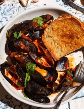 An overhead photo of mussels marinara in a bowl with a piece of toasted bread and a fork.