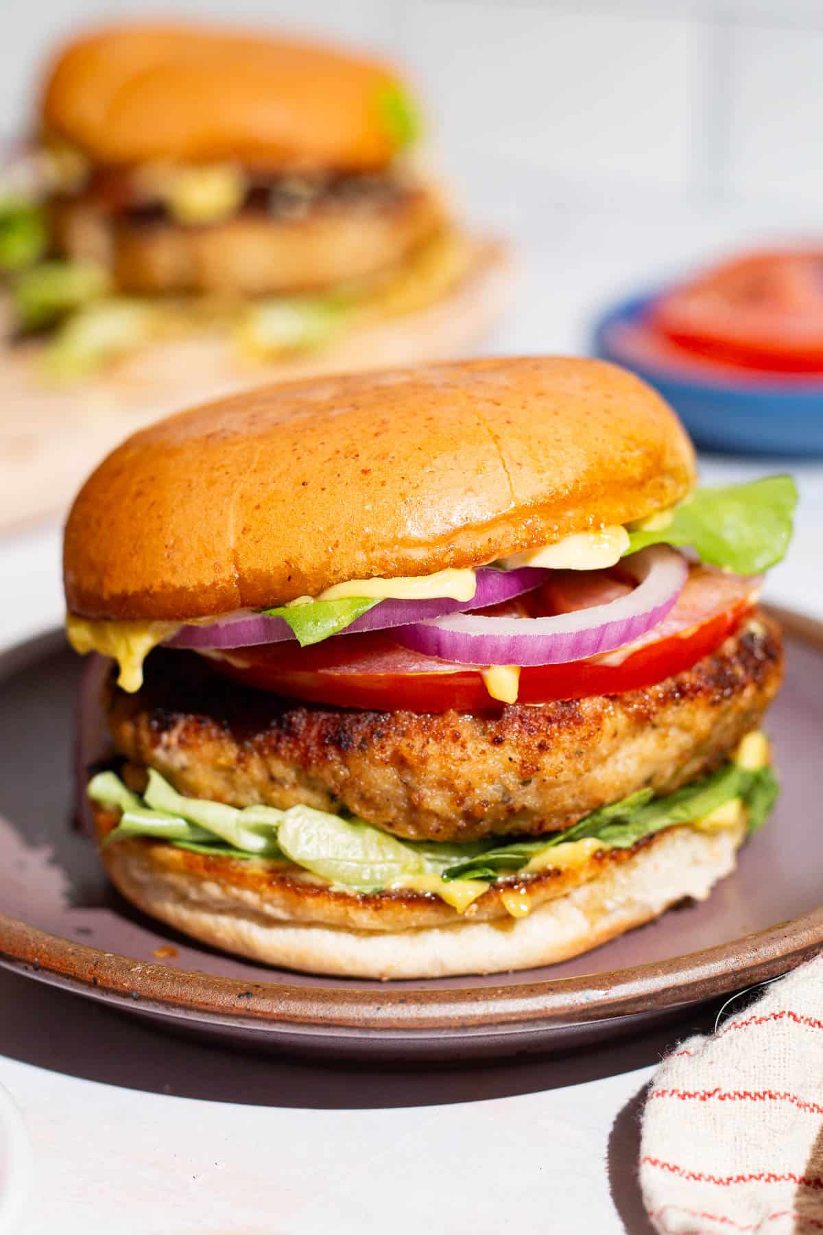 A close up of a chicken burger on plate.