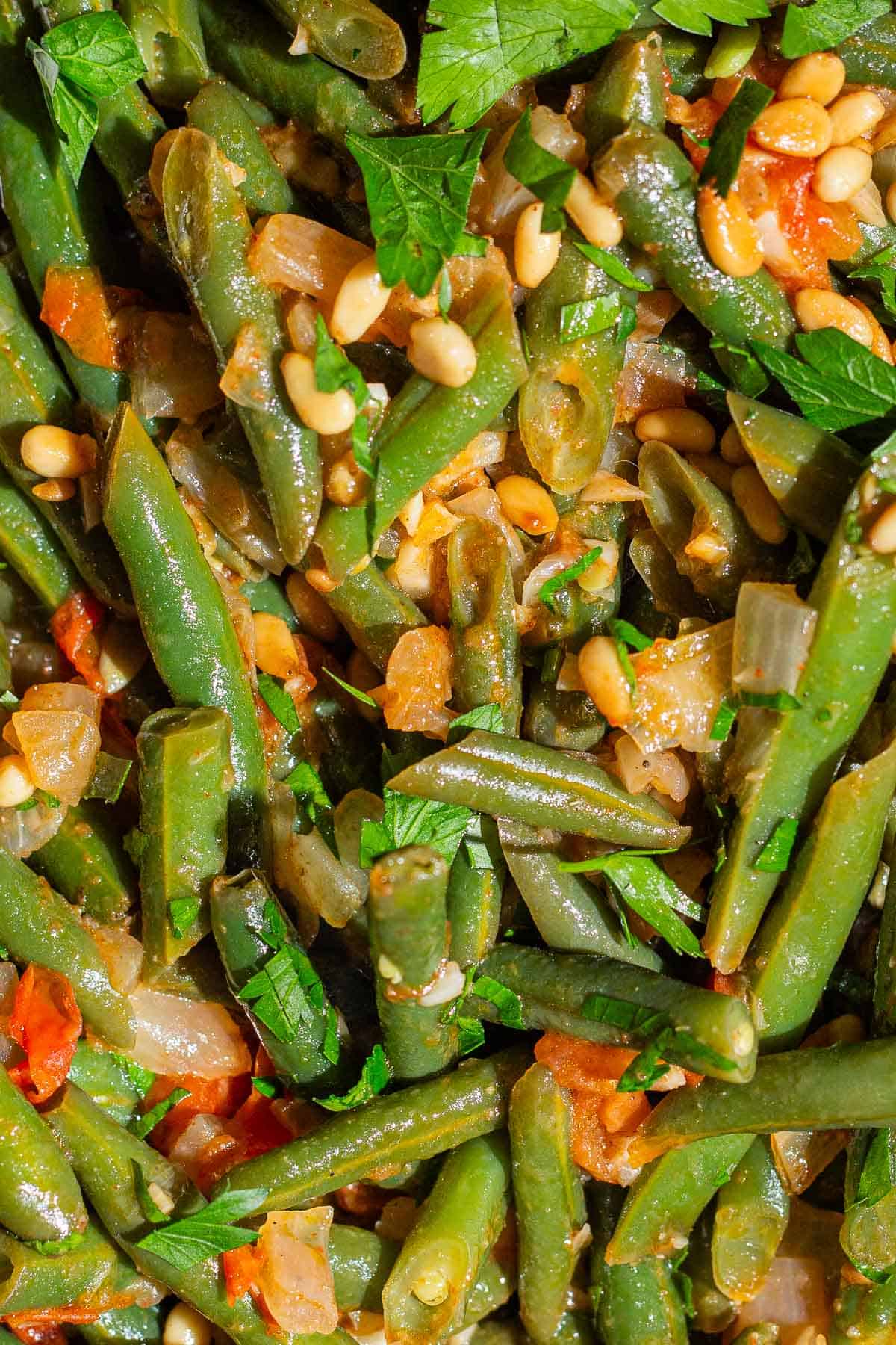 A close up of sauteed green beans.