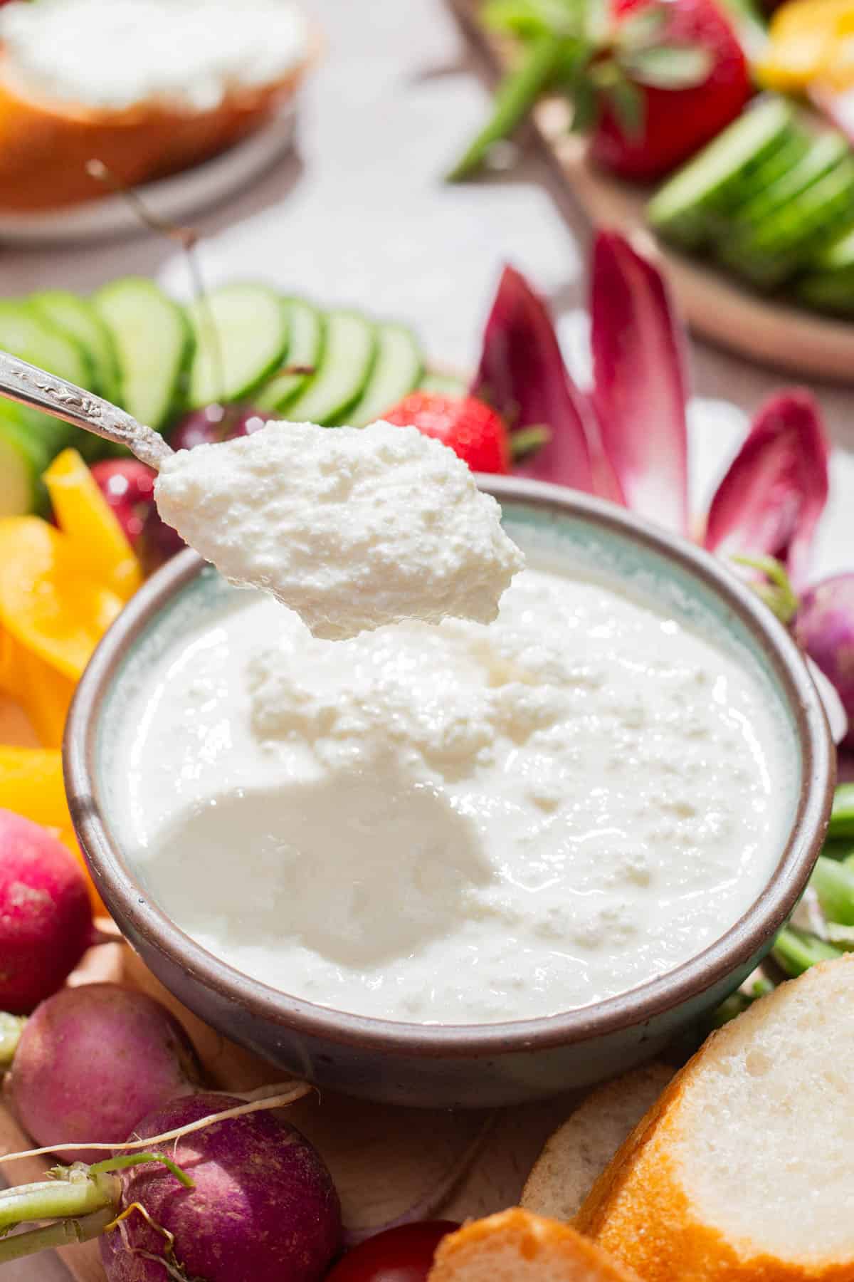 A close up of a spoonful of farmer's cheese being lifted from a bowl on a platter surrounded by slices of bread and an assortment of vegetables.