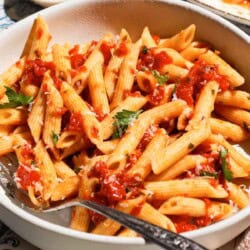 A close up of arrabbiata sauce pasta in a bowl with a fork.