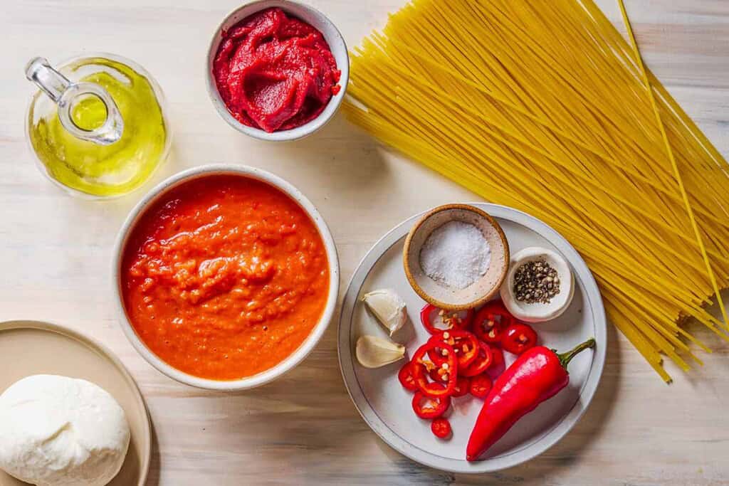 Ingredients for spaghetti all'Assassina including spaghetti, tomato paste, salt, olive oil, red chili peppers, garlic, tomato sauce, and burrata.