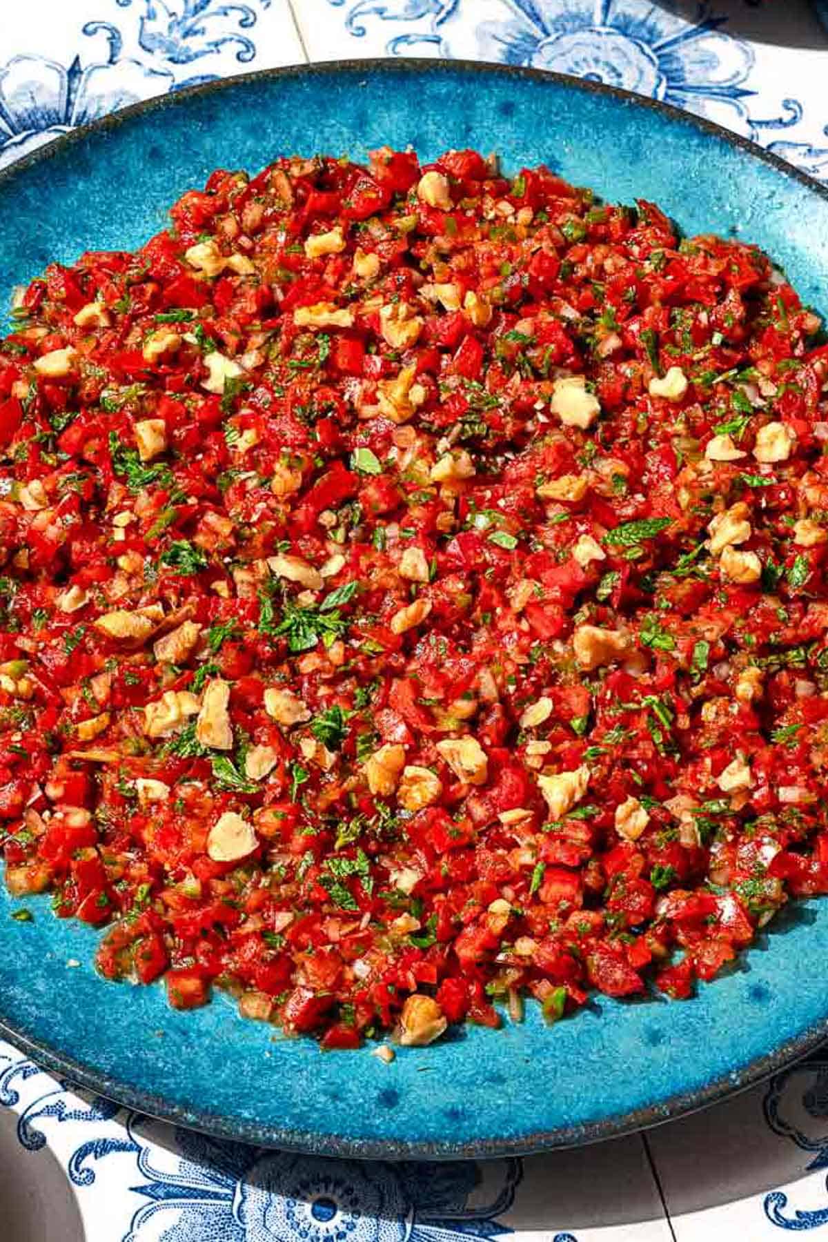 A close up photo of ezme turkish salsa on a platter.