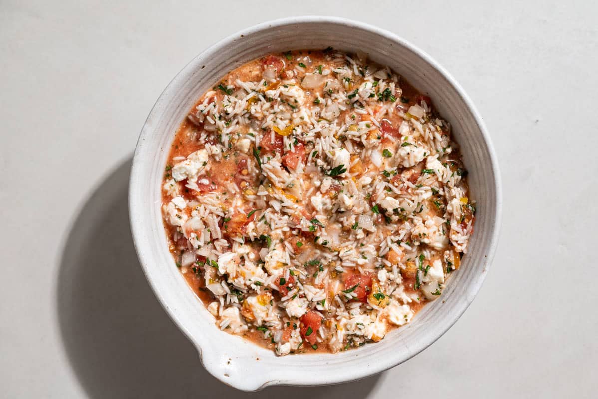 The stuffing for the gemista greek stuffed vegetables in a bowl.