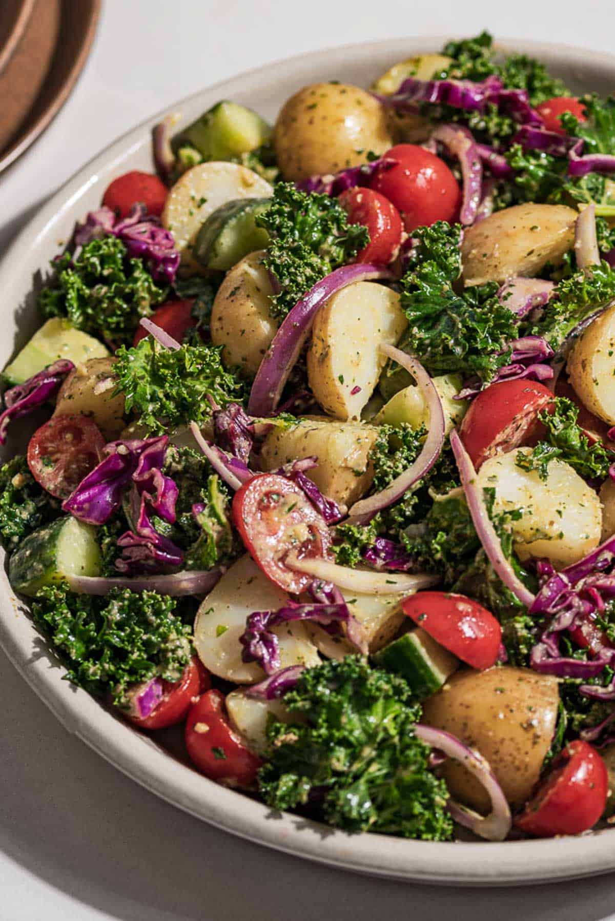 A close up of a healthy potato salad in a serving bowl. It has potatoes, tomatoes, red onions and cabbage.