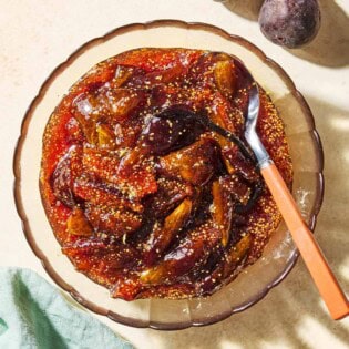 An overhead photo of fig jam in a bowl with a spoon.