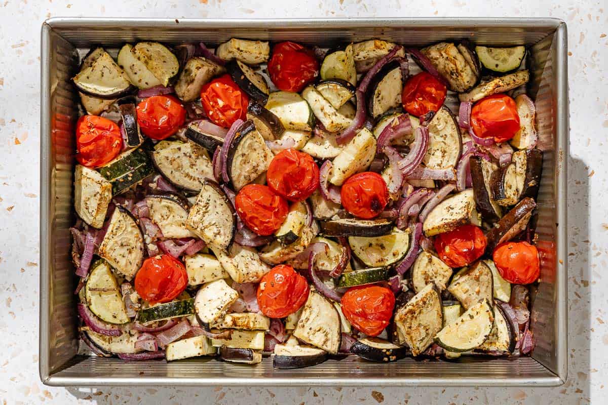 On overhead photos of roasted vegetables in a baking pan.