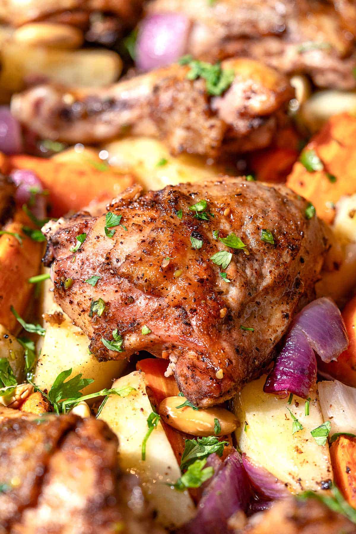 A close up photo of za'atar chicken with veggies.