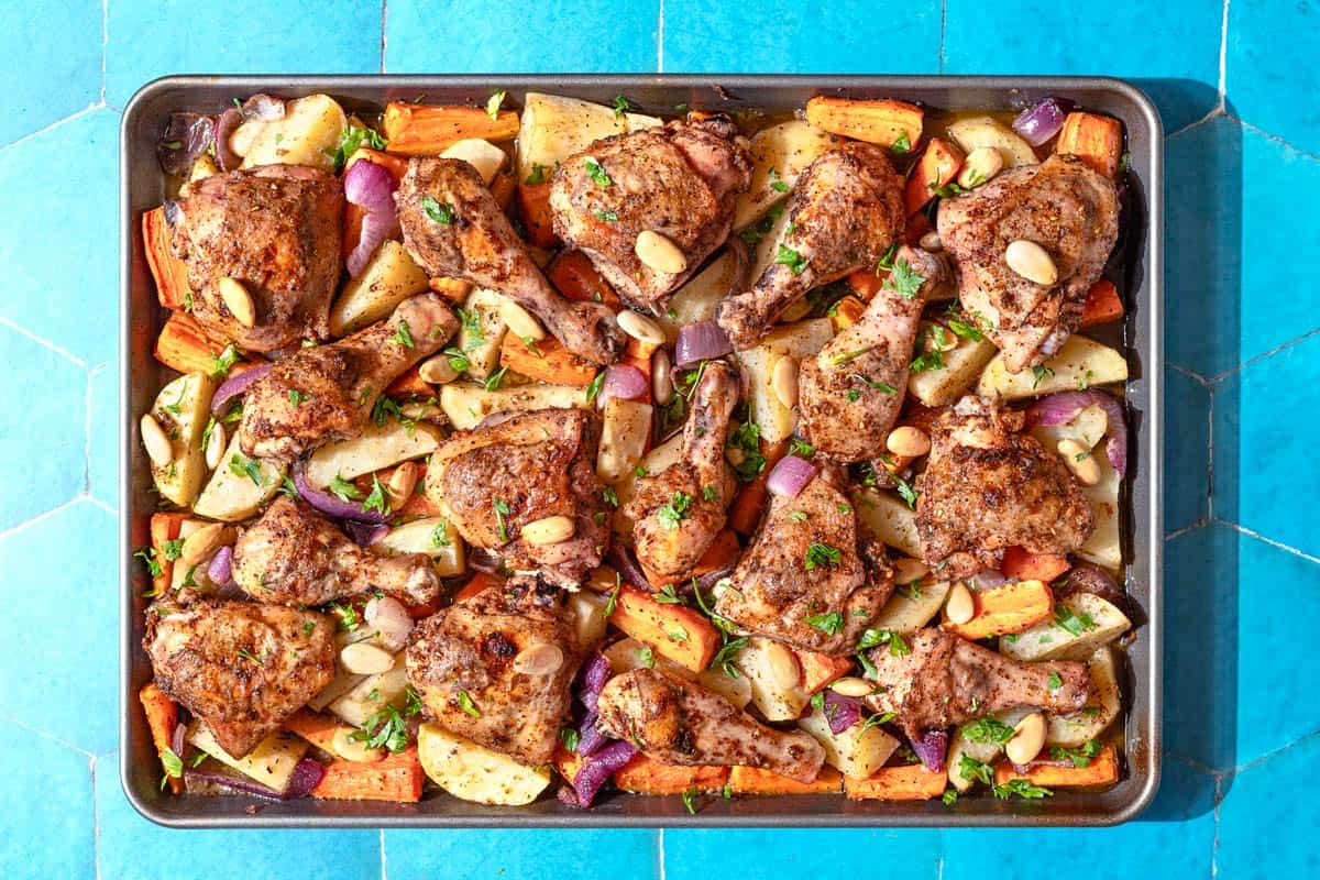 An overhead photo of sheet pan za'atar chicken with veggies.