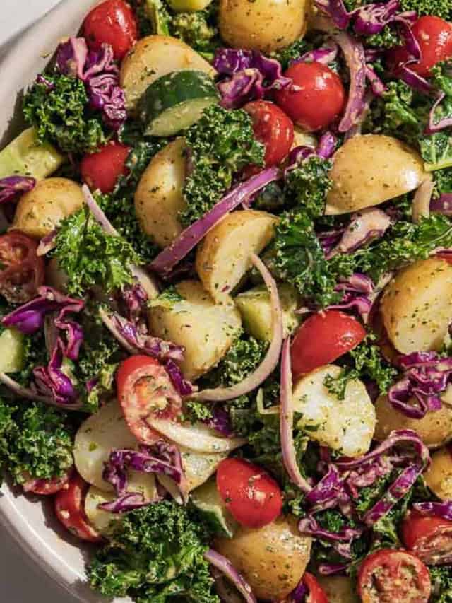 Pesto Potato Salad with Tomatoes, Cucumber, and Kale