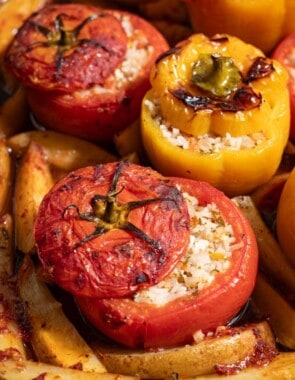 Gemista greek stuffed vegetables web story poster image.