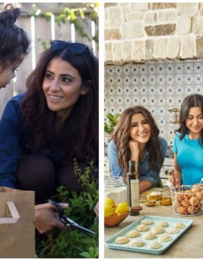 Throwback photo of Suzy with her daughter Hannah picking herbs next to a recent photo of Suzy with her two daughters.