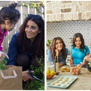 Throwback photo of Suzy with her daughter Hannah picking herbs next to a recent photo of Suzy with her two daughters.