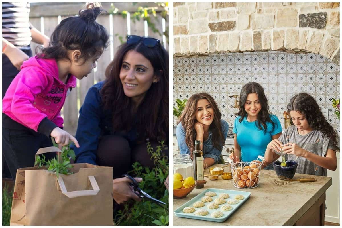 Throwback photo of Suzy with her daughter Hannah picking herbs next to a recent photo of Suzy with her two daughters.