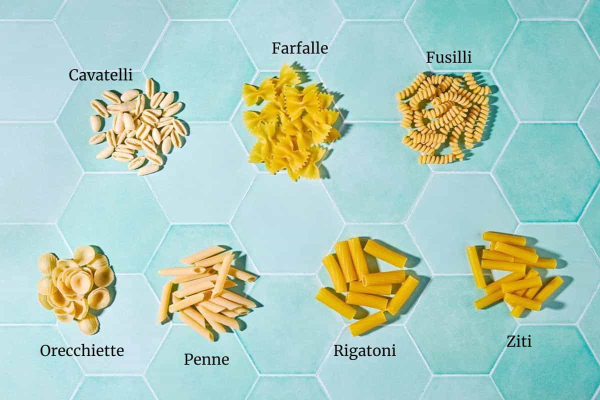 Graphic image labeling 7 types of pasta, including cavatelli, farfalle, fusilli, orecchiette, penne, rigatoni, and ziti.