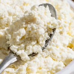 A close up of homemade ricotta in a bowl with a spoon.