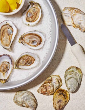 An overhead photo of shucked oysters on a bed of rock salt on a platter with a bowl of lemon wedges. Next to this is an oyster knife and 5 whole oysters.