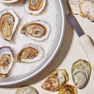 An overhead photo of shucked oysters on a bed of rock salt on a platter with a bowl of lemon wedges. Next to this is an oyster knife and 5 whole oysters.