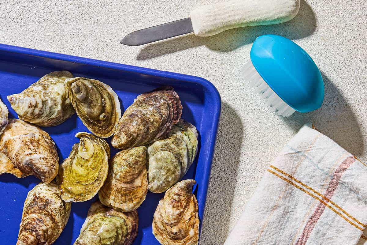 A close up of several whole oysters on a baking sheet. Next to the tray is an oyster knife, a stiff brush, and a kitchen towel.