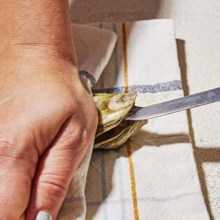 A close up of an oyster being sandwiched in a kitchen towel being shucked with an oyster knife.