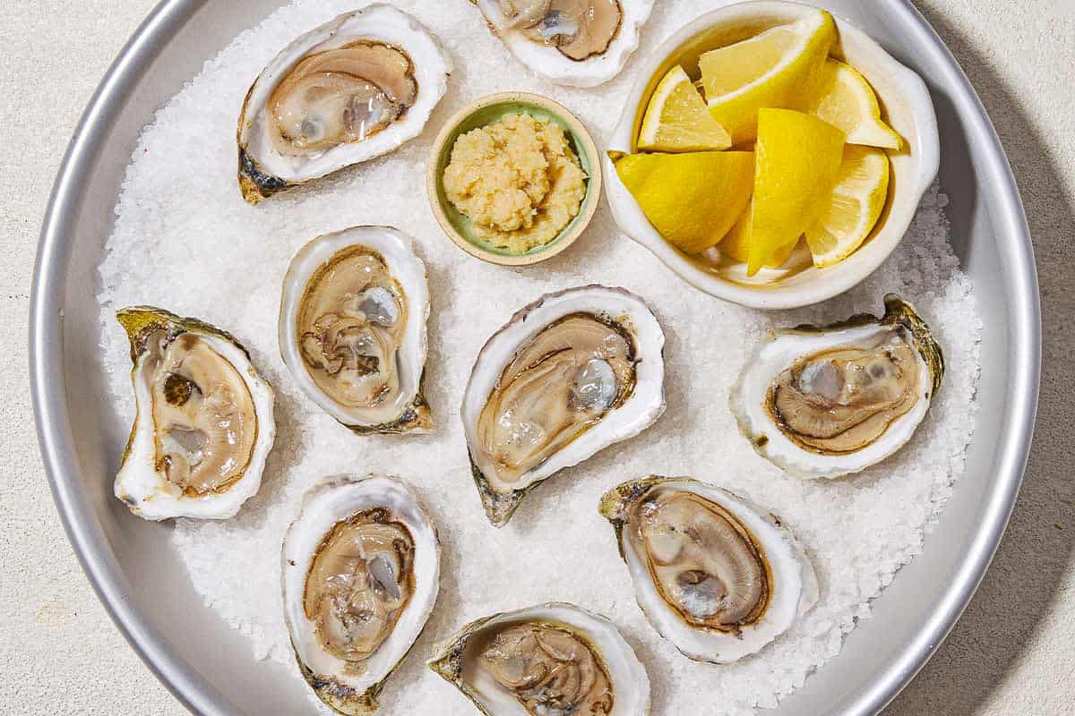 An overhead photo of several shucked oysters on a bed of rock salt on a platter with bowls of lemon wedges and horseradish sauce.