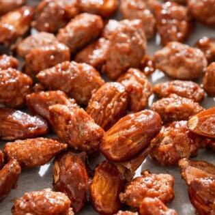 A close up of candied almonds.