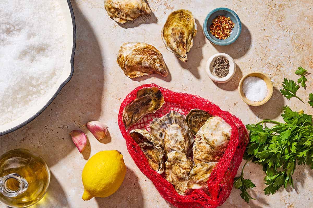 Ingredients for grilled oysters including whole oysters, rock salt, olive oil, garlic, red pepper flakes, lemon, kosher salt, black pepper, and parsley.