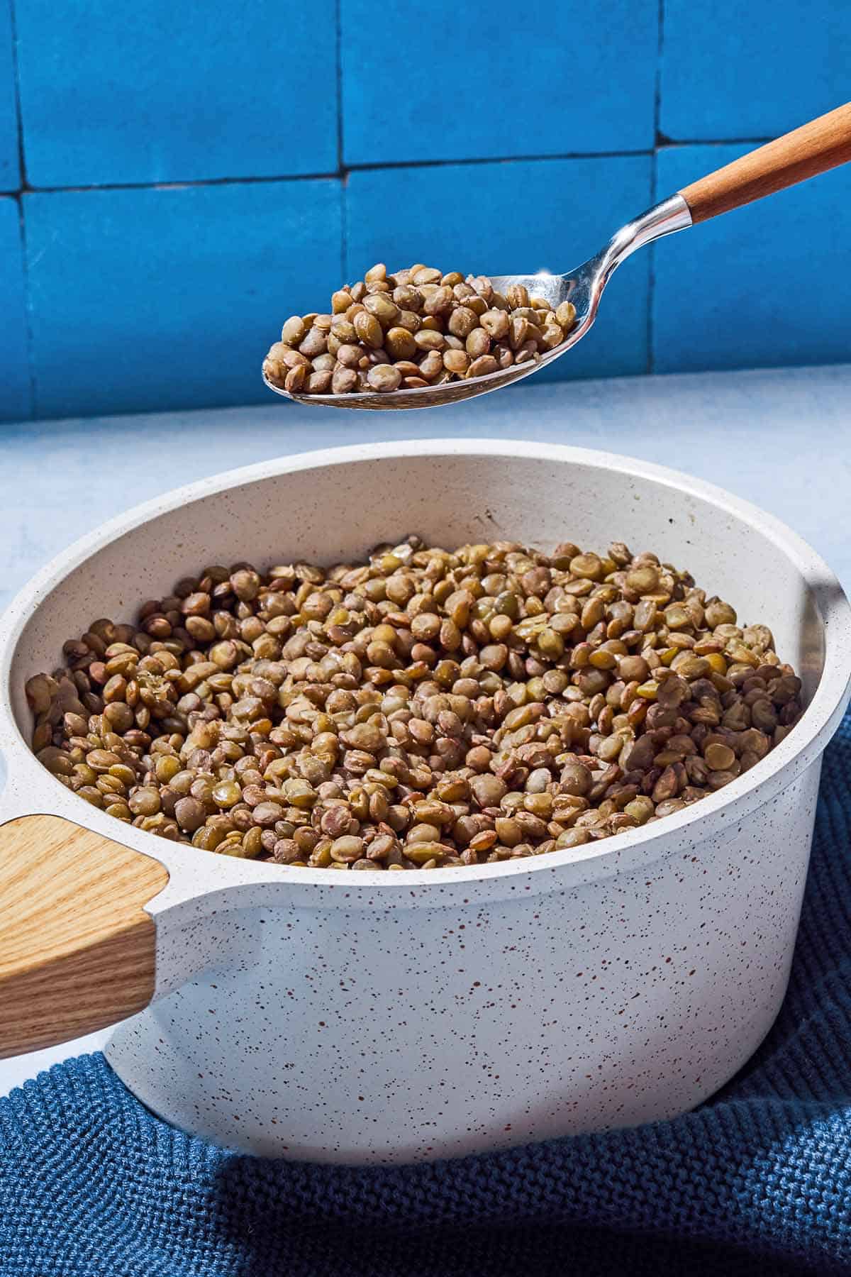 Cooked green lentils on a spoon being held over a saucepan with the rest of the lentils.