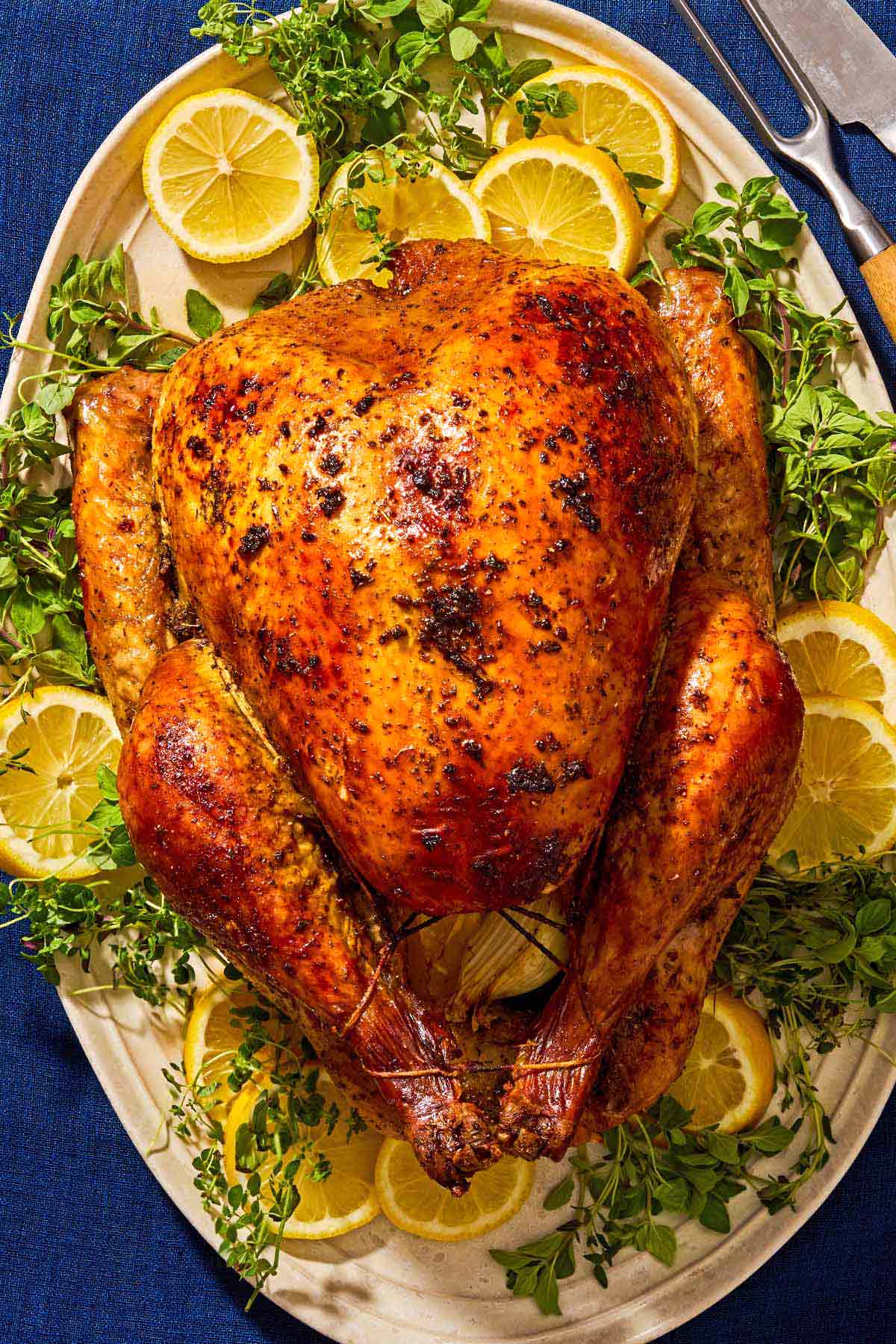 An overhead photo of a whole roasted dry brined thanksgiving turkey on a bed of lemon wheels and greens on a platter. Next to this is a set of carving utensils.