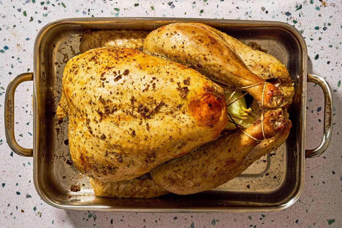 An overhead photo of a whole roasted dry brined thanksgiving turkey in a roasting pan.