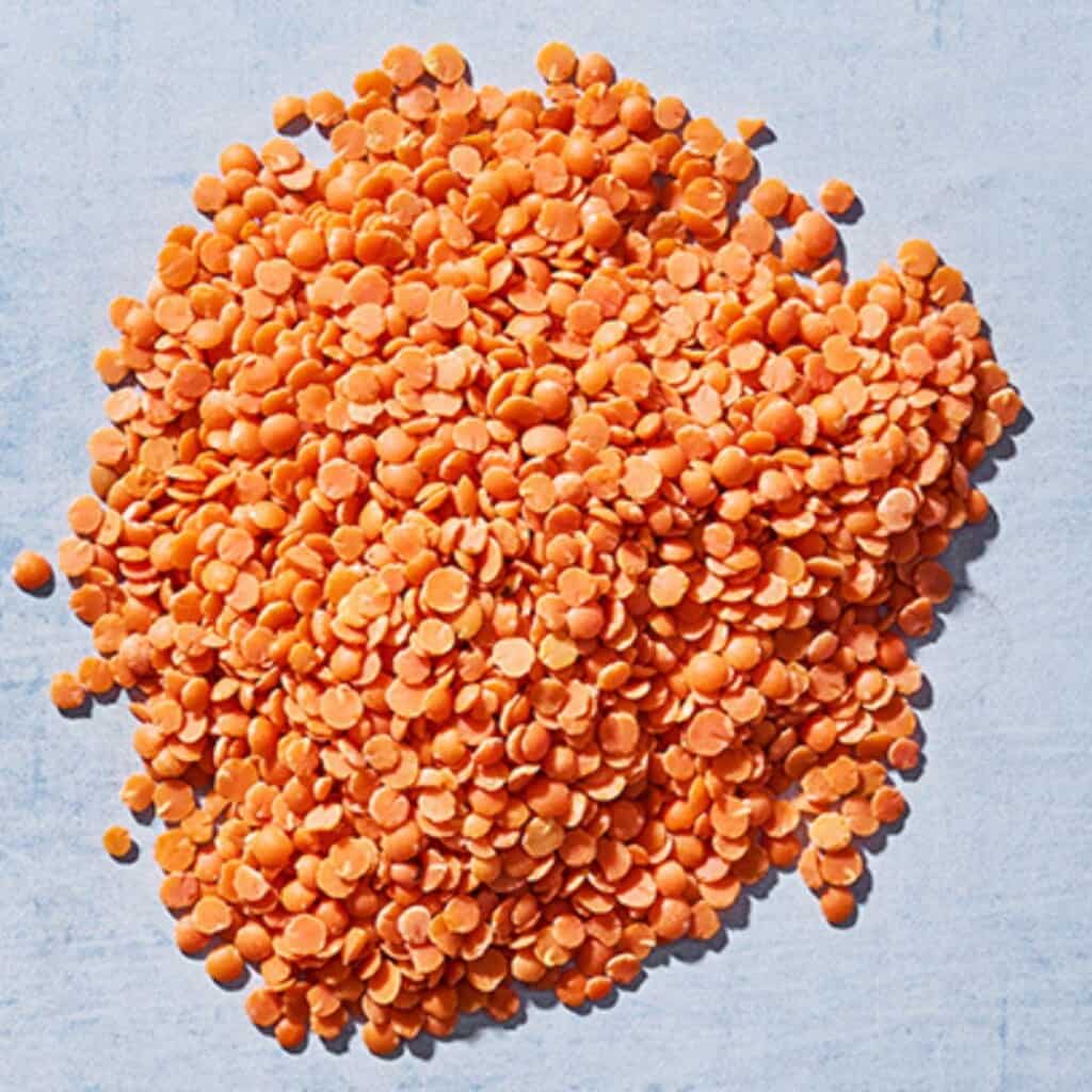 Close up of red split lentils.