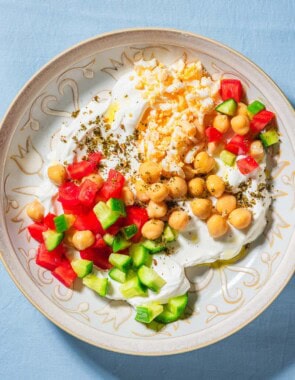 An overhead photo of a savory yogurt bowl.