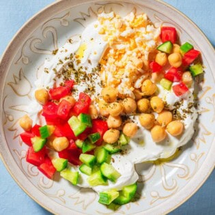 An overhead photo of a savory yogurt bowl.