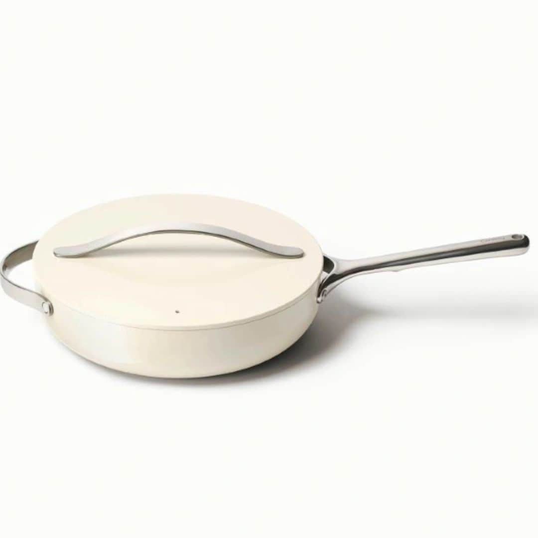 Image of the white caraway nonstick pan with a silver handle.